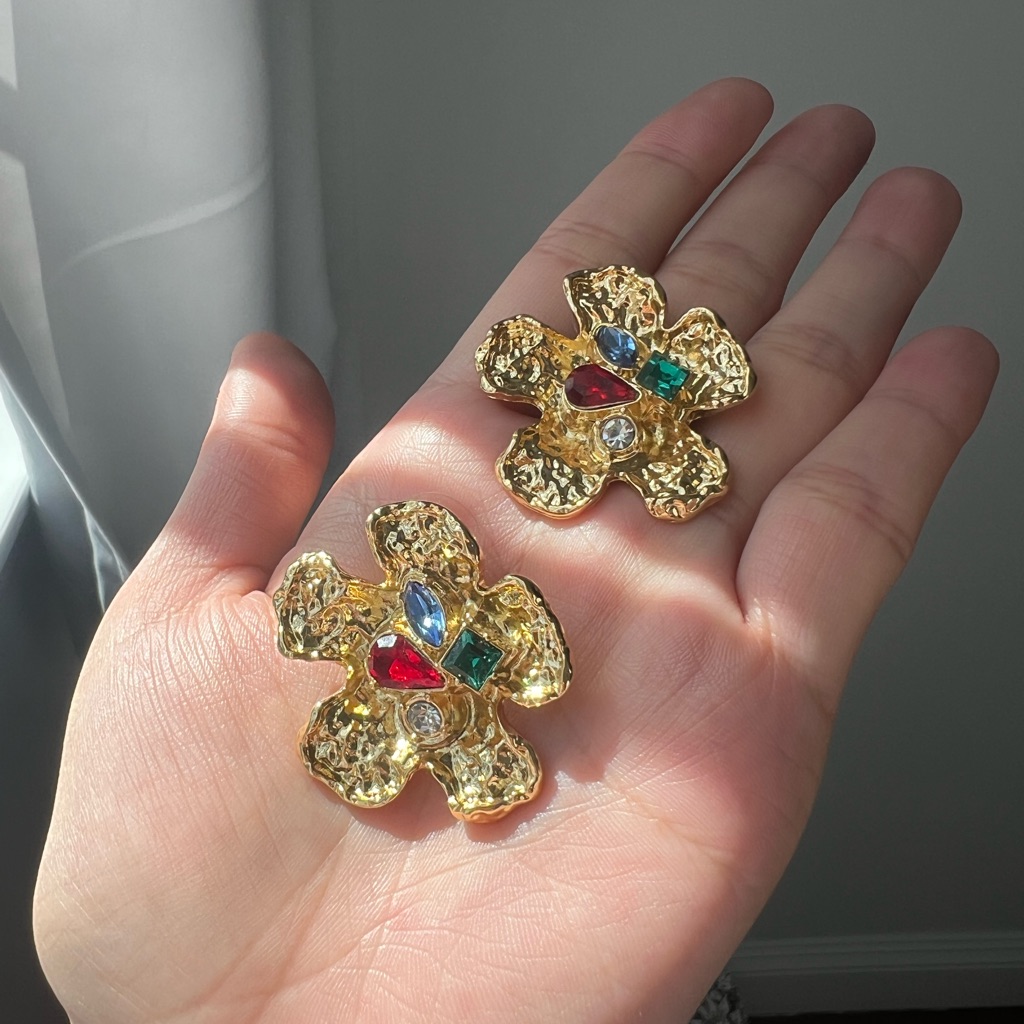 Gold Floral Earrings With Multicolor Gems